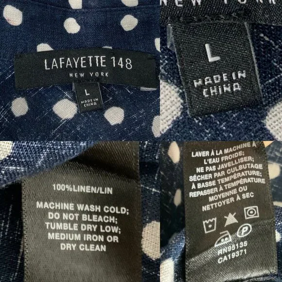 Lafayette 148 Linen Button Front Shirt L Blue Polka Dot - Picture 7 of 16